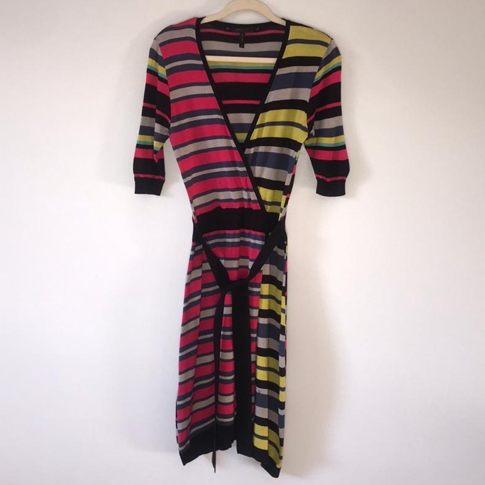 BCBGMaxAzria Multicolor Striped Wrap Dress — Pink, Yellow, Black, Gray, Blue